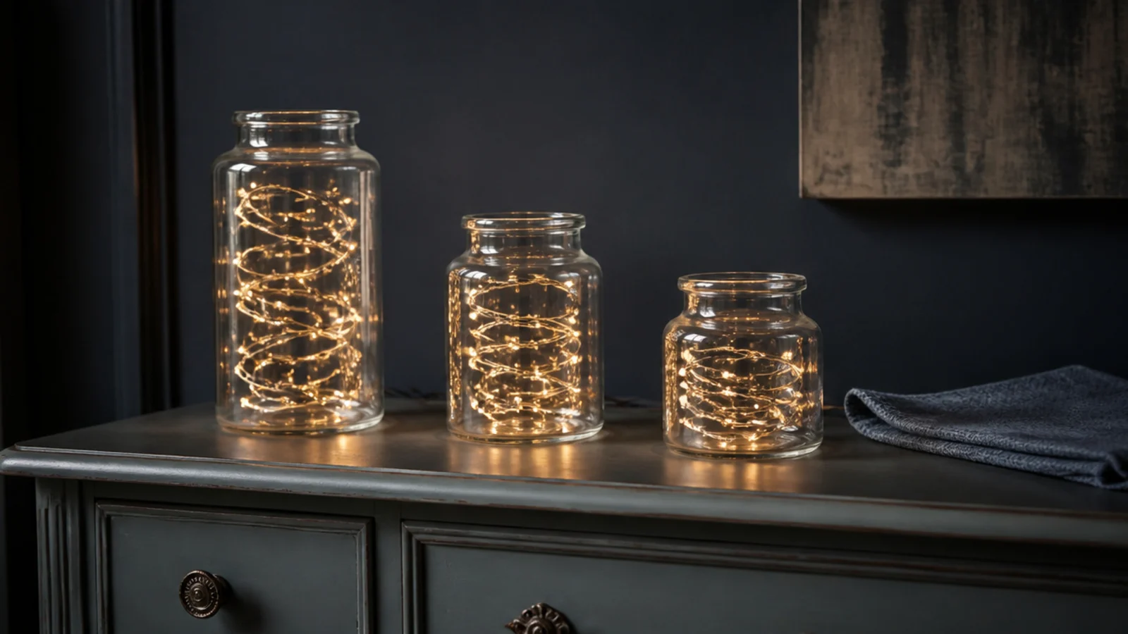 three lit glass jars of different heights grouped on a dresser