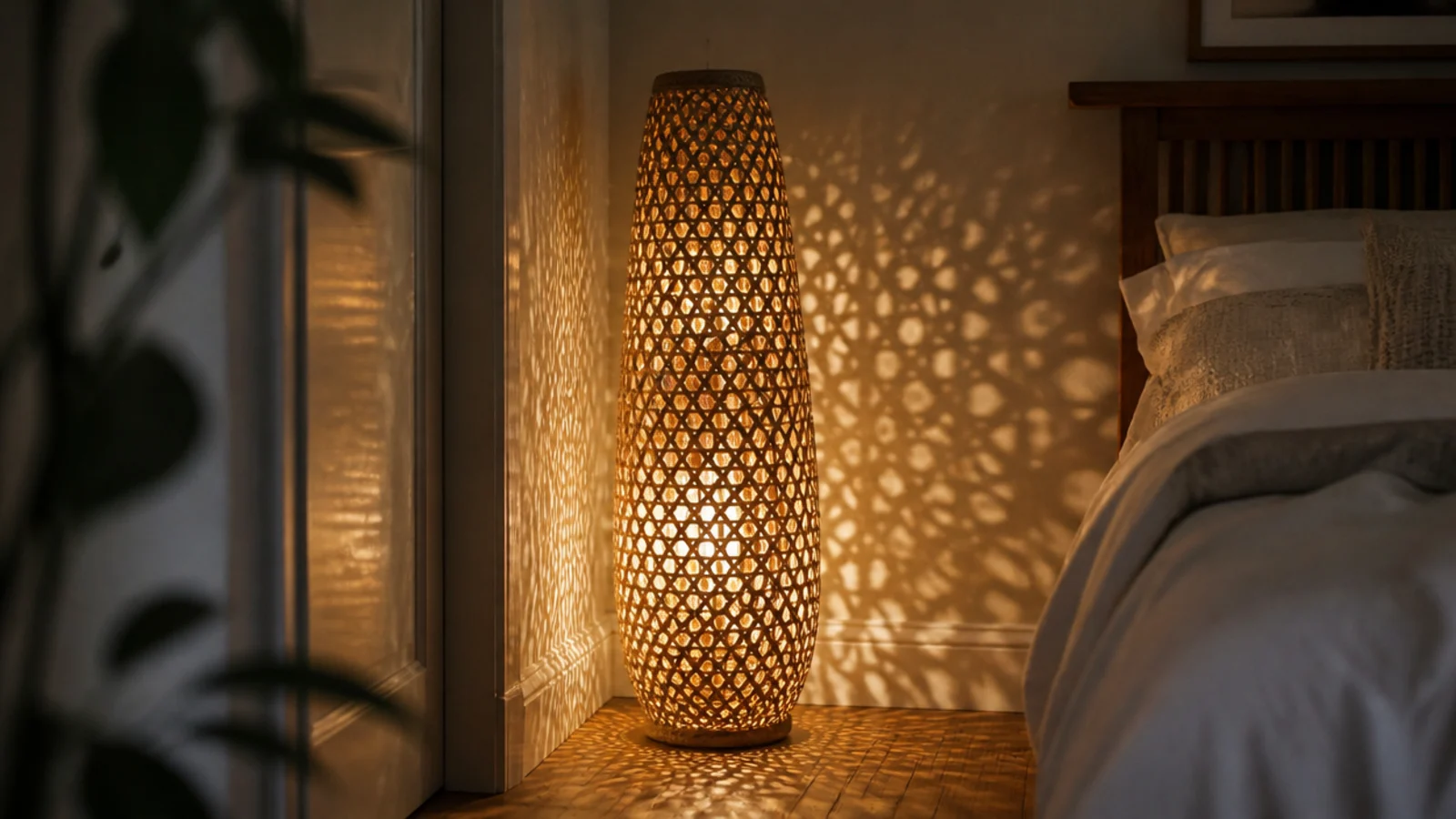 floor standing woven lantern glowing from a cluster inside it