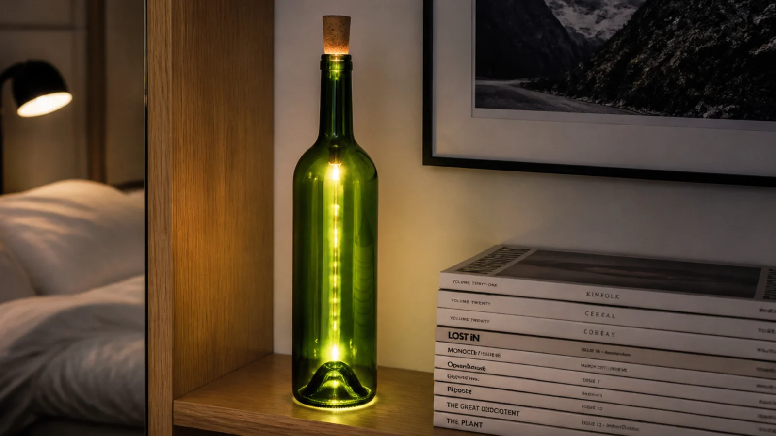 green glass bottle lit by a cork light insert on a shelf