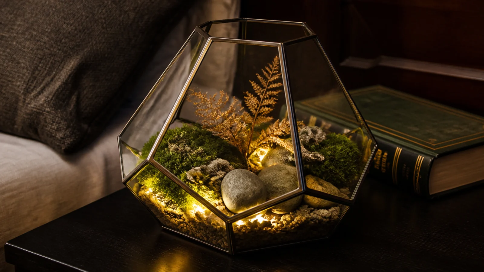glass terrarium of moss and stones lit by a hidden micro strand