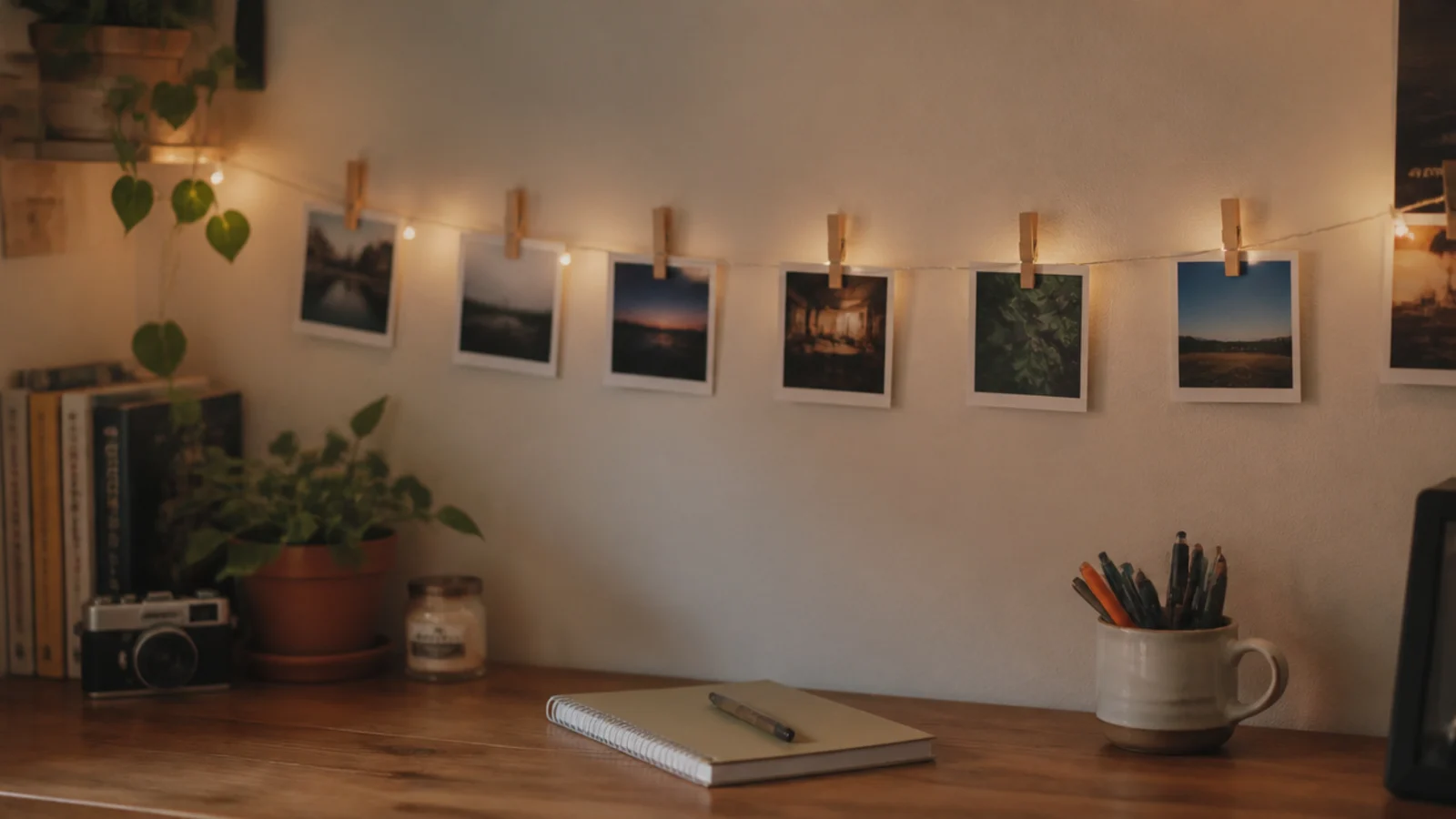 printed photos pegged along a lit strand above a bedroom desk
