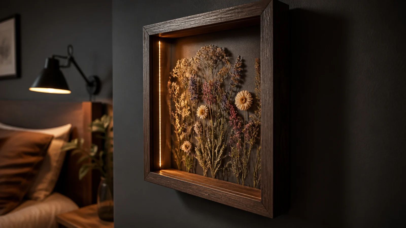 deep frame of dried flowers lit from the inside edge