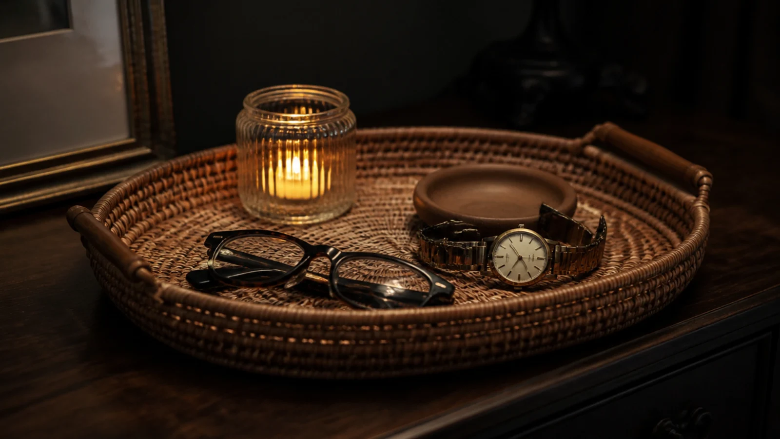 shallow tray holding a small lit vessel and daily objects