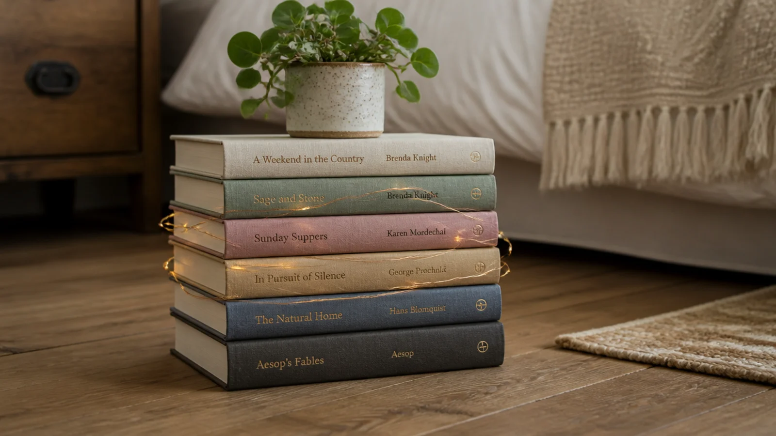 tall stack of hardbacks with a fine light strand wound around