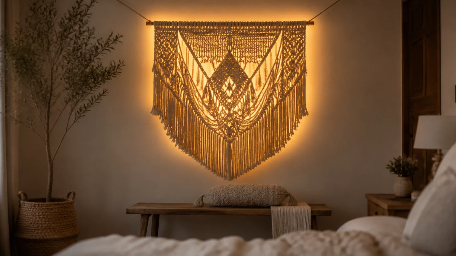 macrame wall hanging backlit by a concealed warm light strand