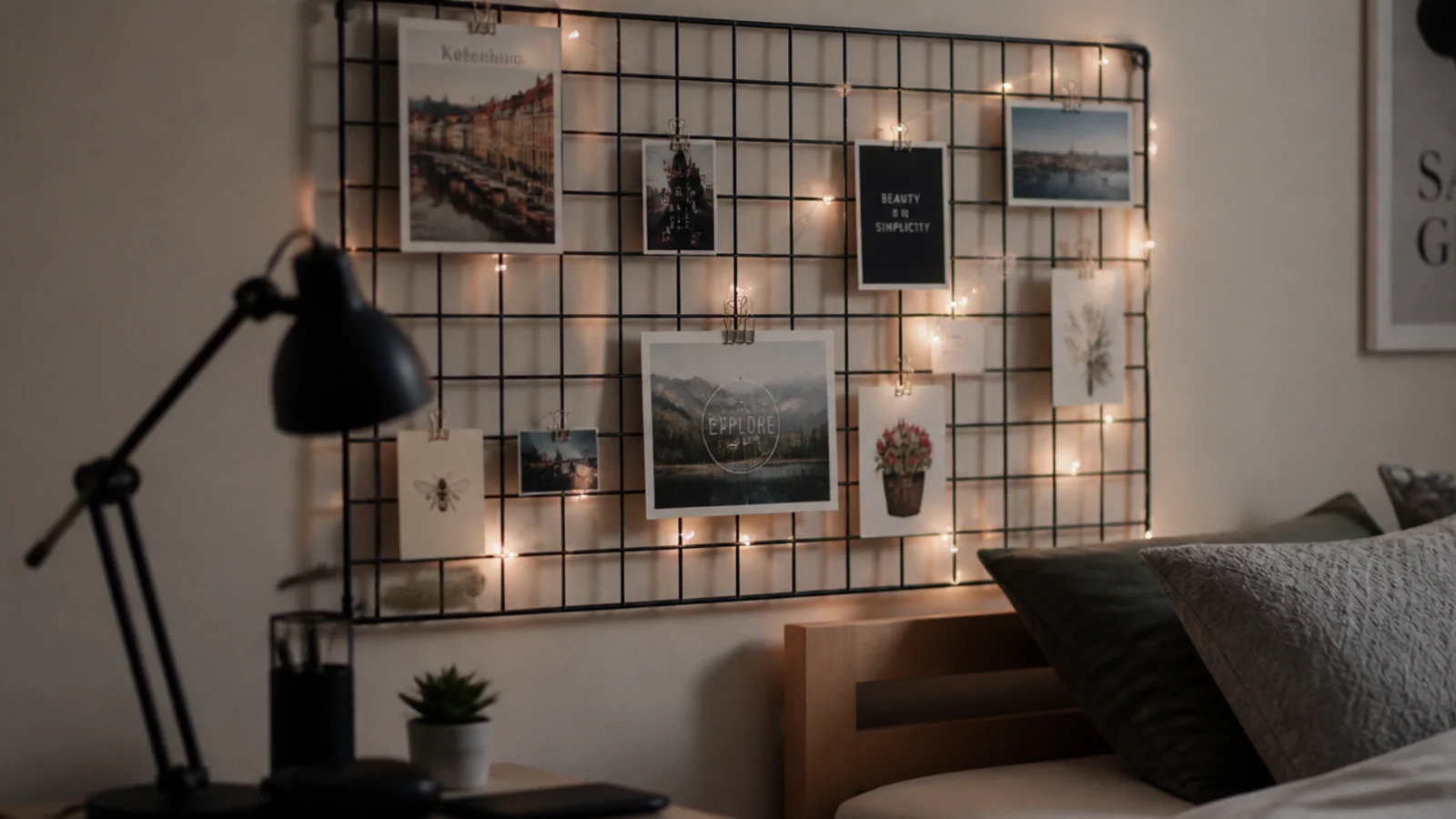 metal grid panel of postcards woven with a warm light strand