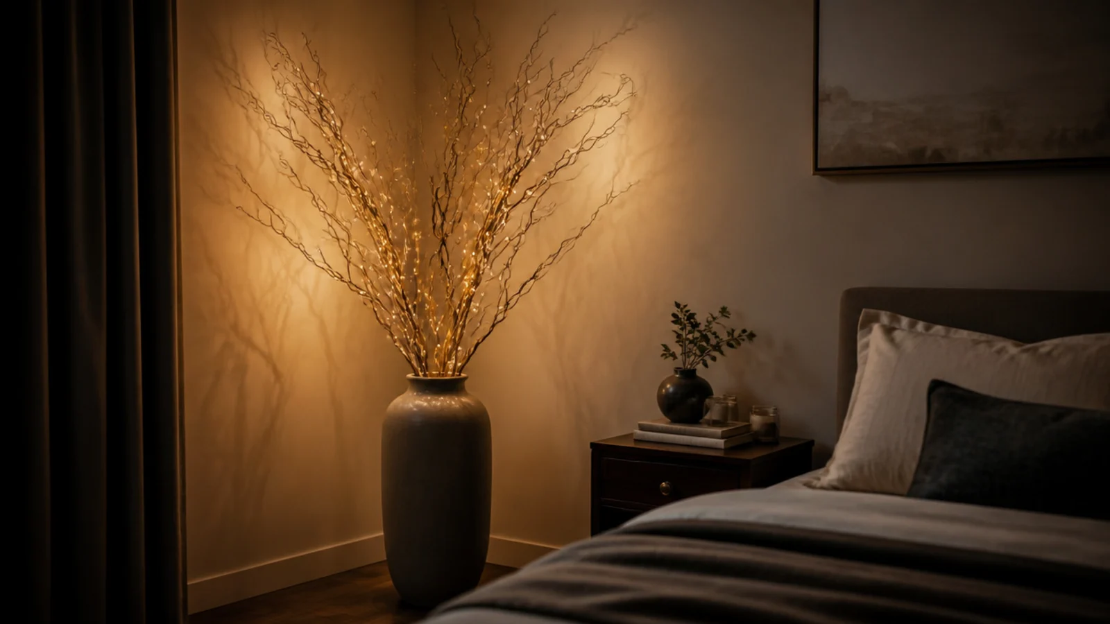 tall floor vase of bare branches wrapped with fine lights