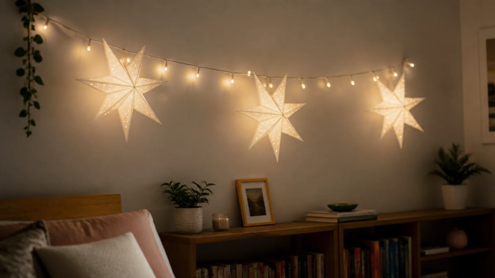 folded paper star lanterns glowing along a bedroom light strand