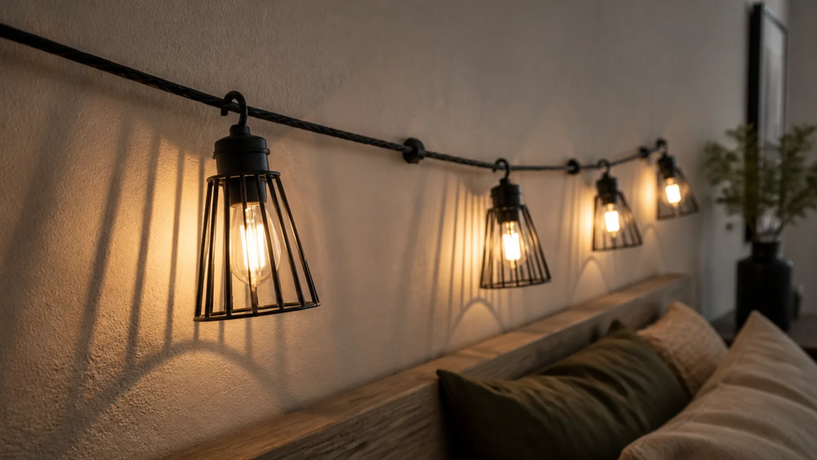small metal cage shades clipped over bulbs on a light strand
