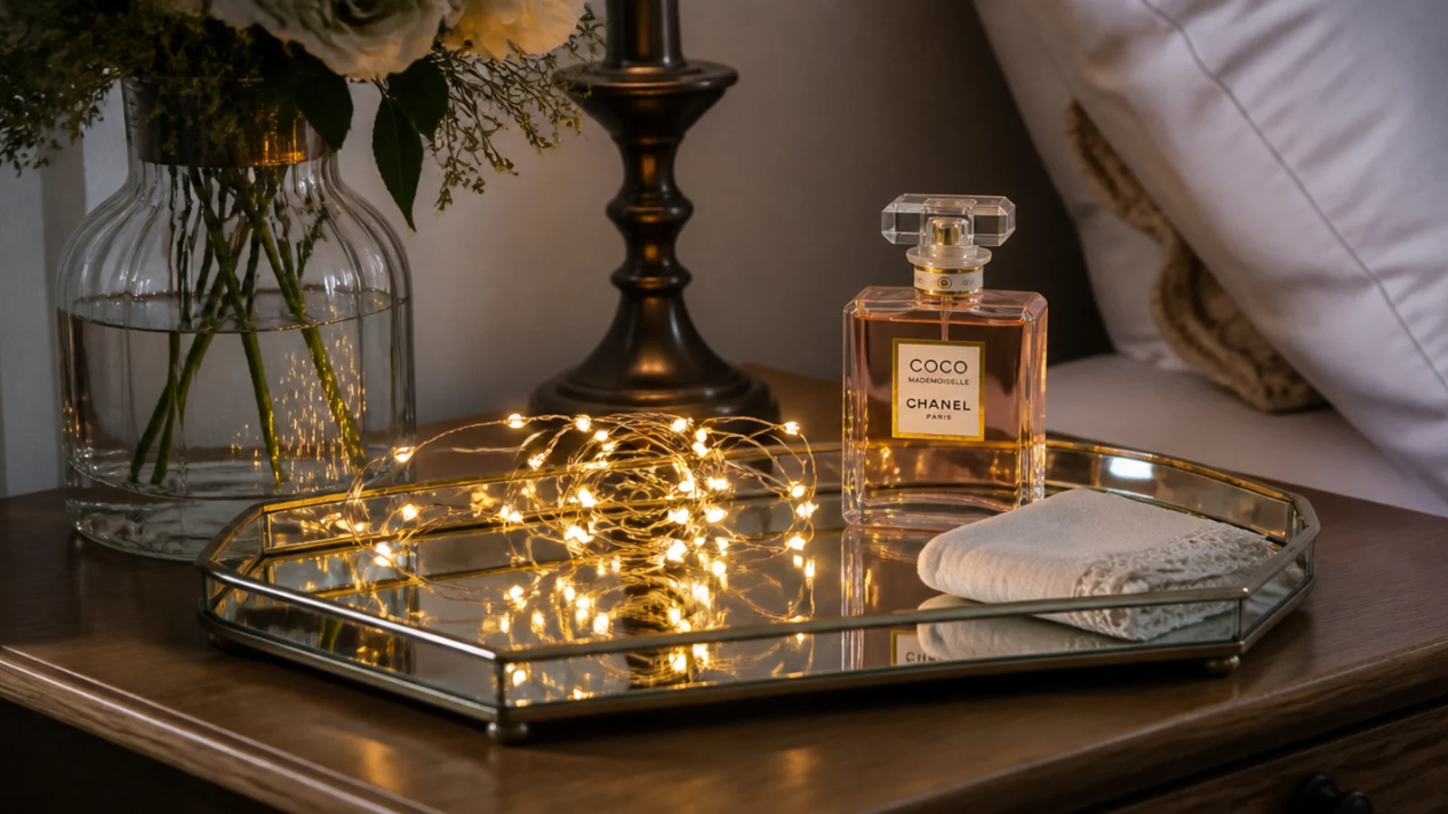mirrored tray reflecting a small cluster of warm lights