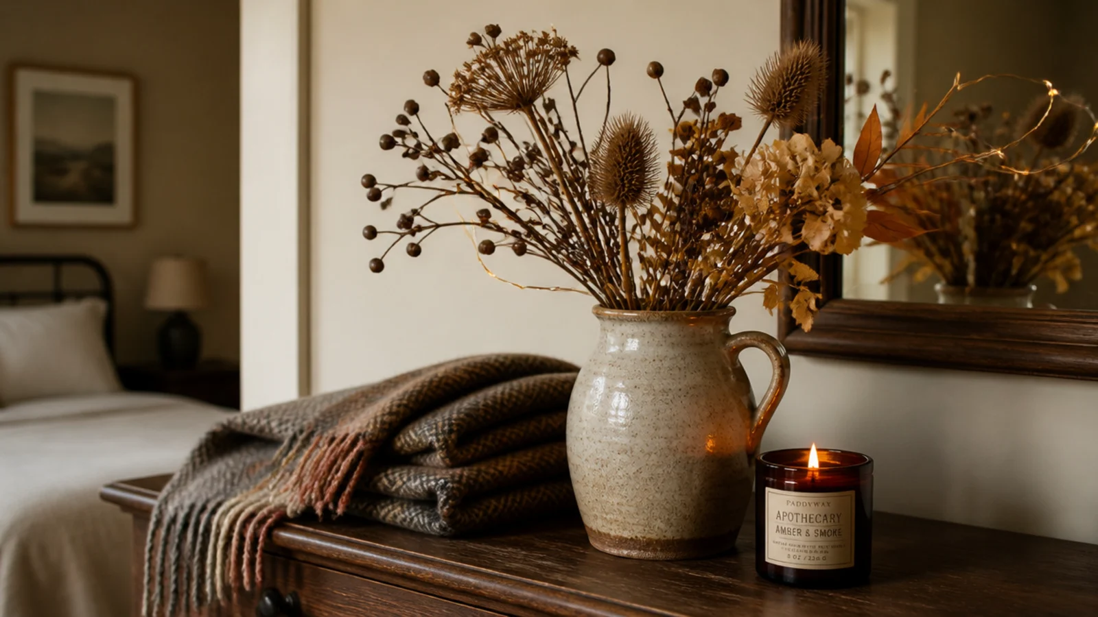 dried autumn stems and lights arranged in a stoneware jug