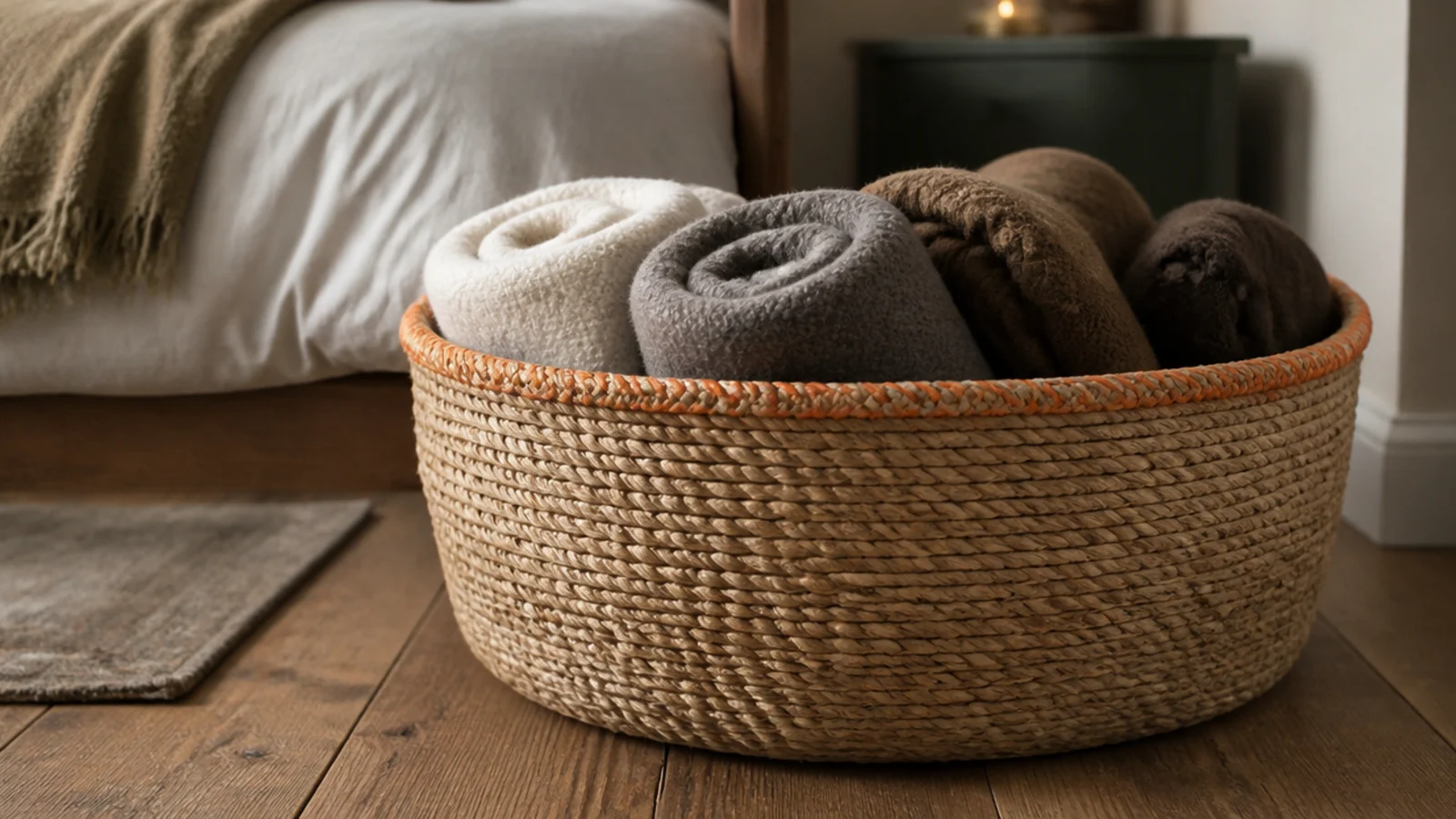 large woven basket of folded blankets with lights along the rim