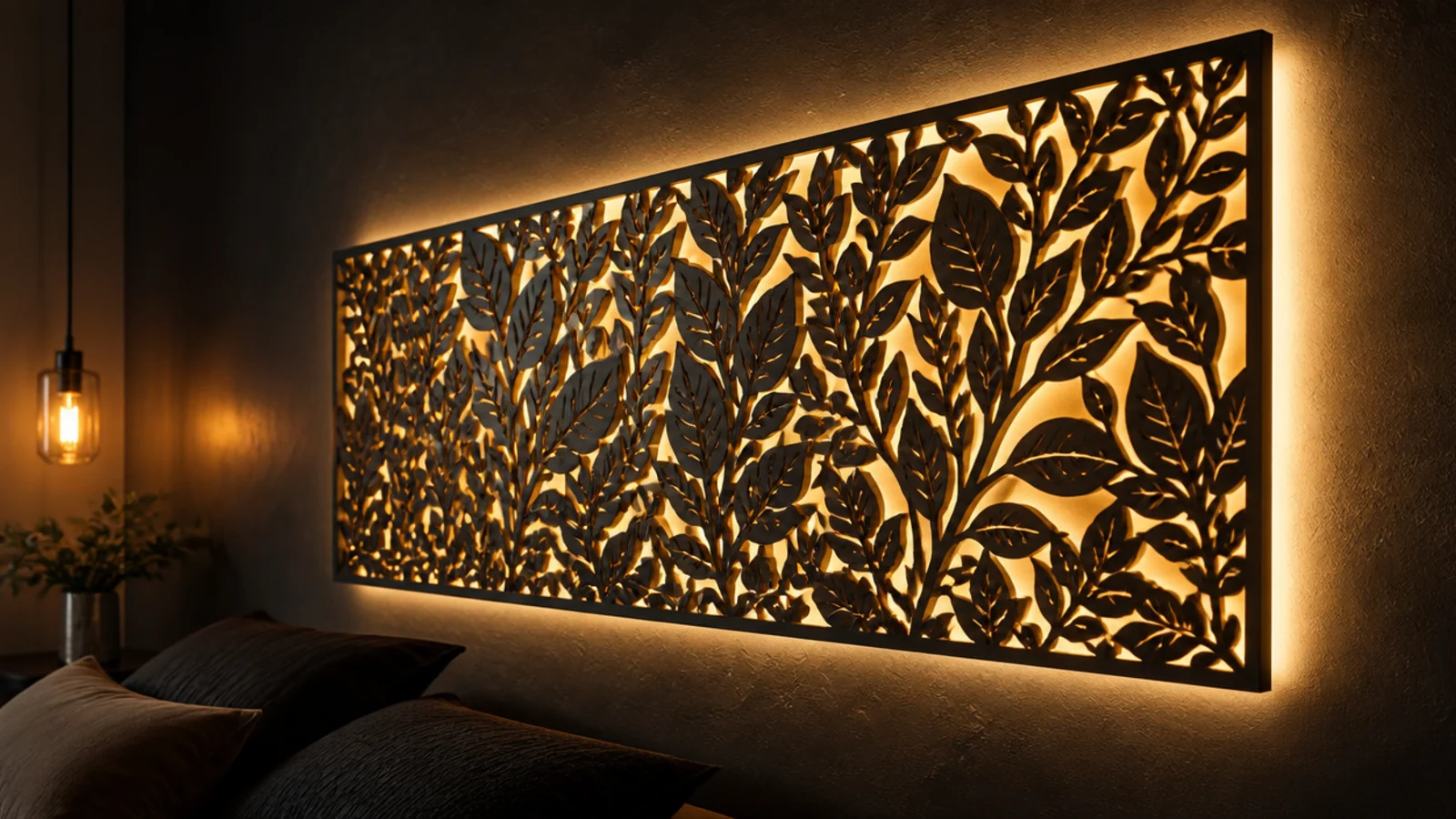 paper cut panel on a wall lit from behind by warm lights