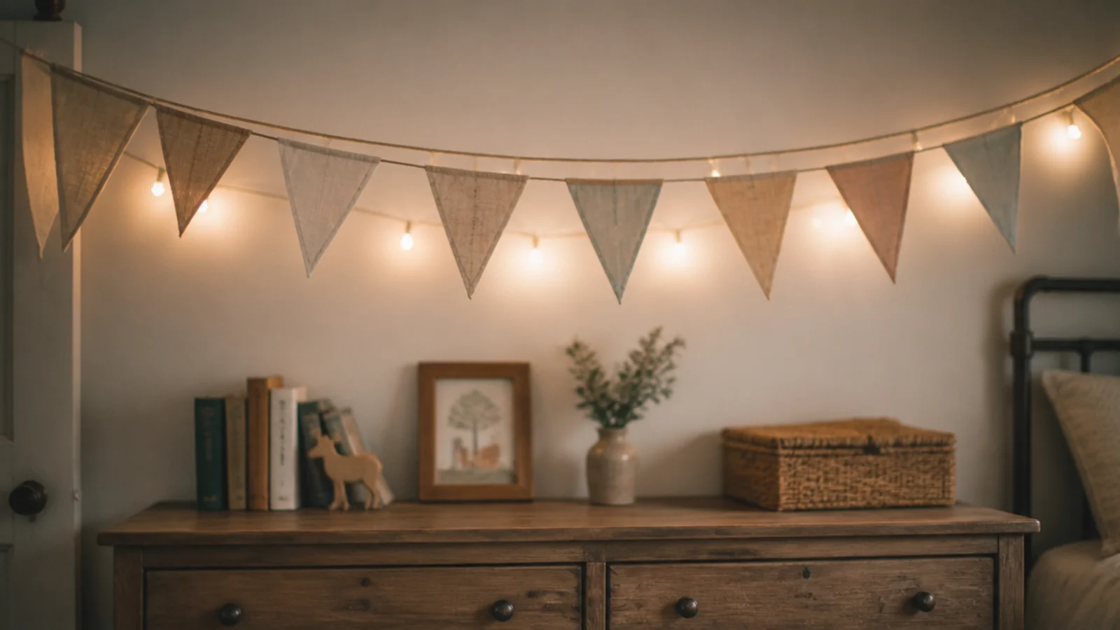 linen bunting triangles hung with a warm strand running behind