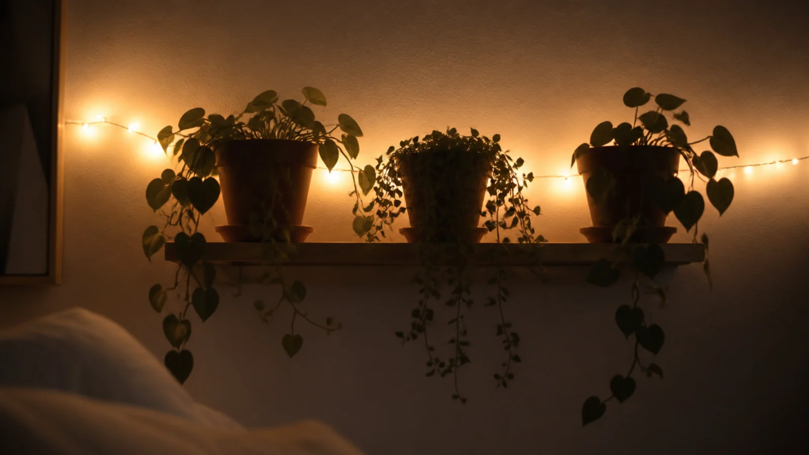 shelf of trailing houseplants lit from a strand fixed behind