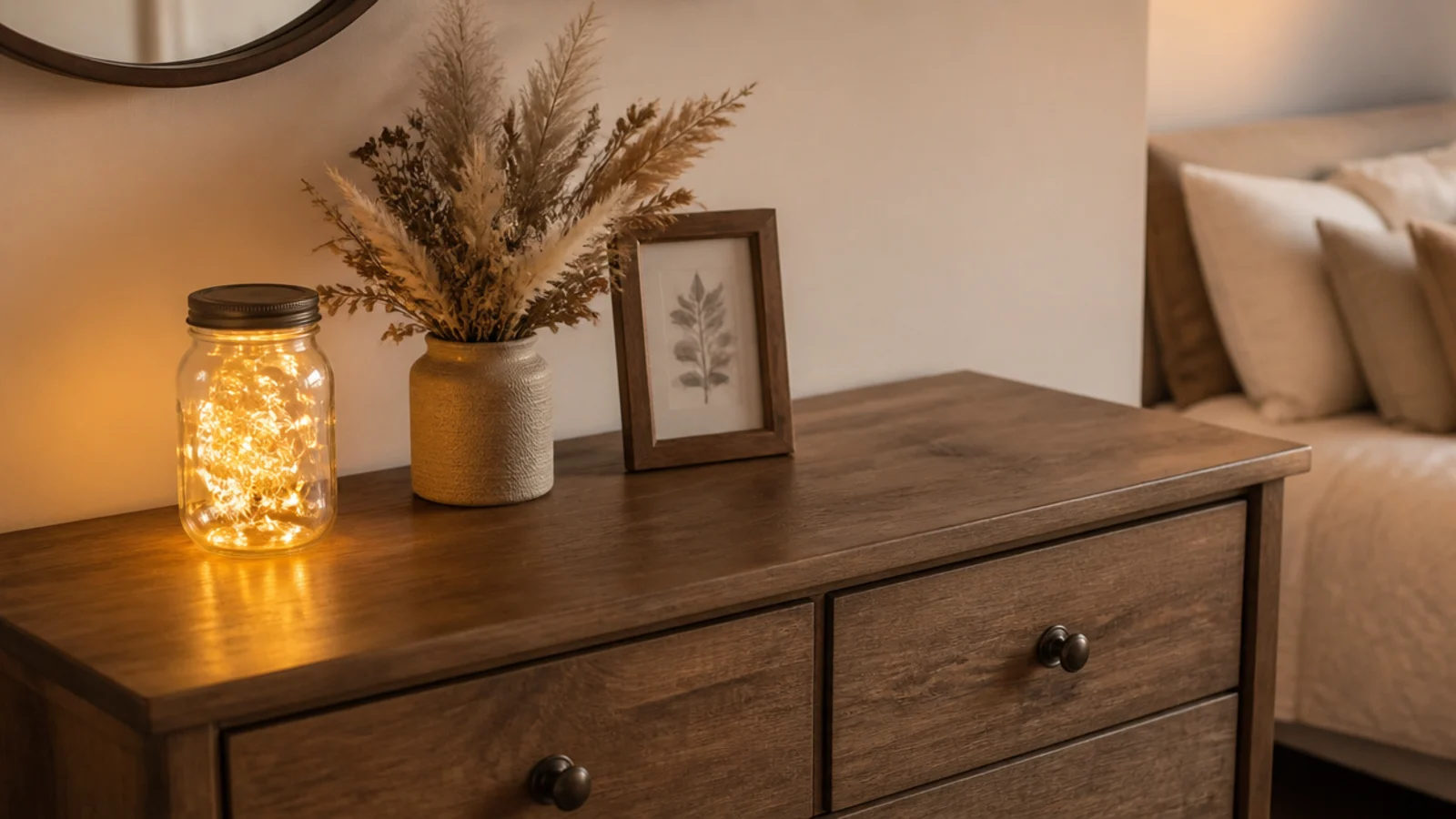 styled dresser after removing one of several lit objects