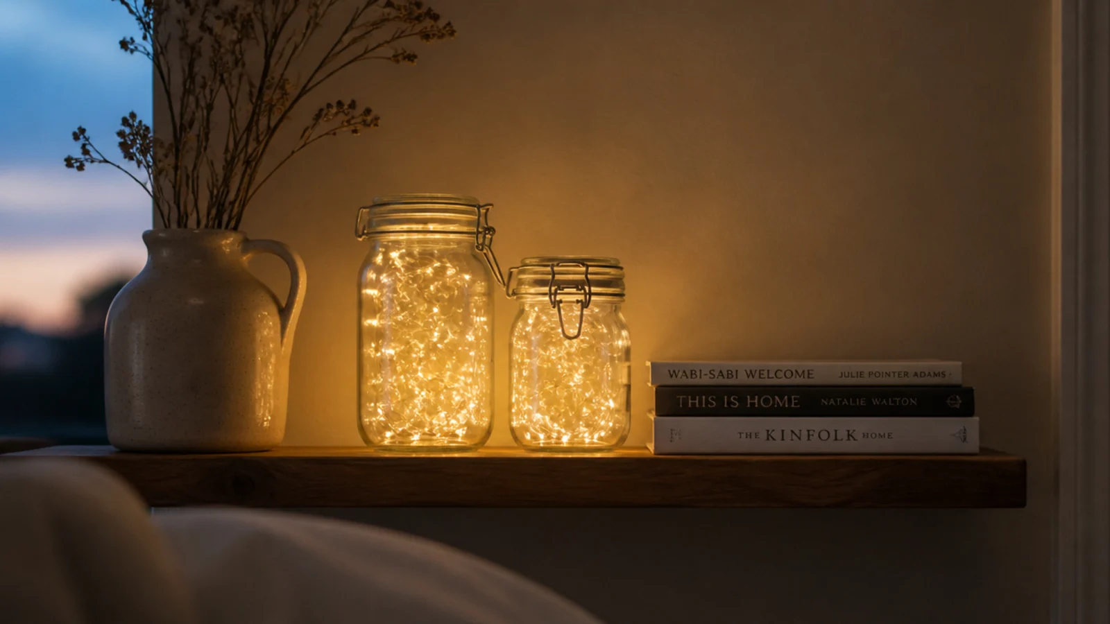 fairy lights decor bedroom shelf styled with lit jars pottery and books