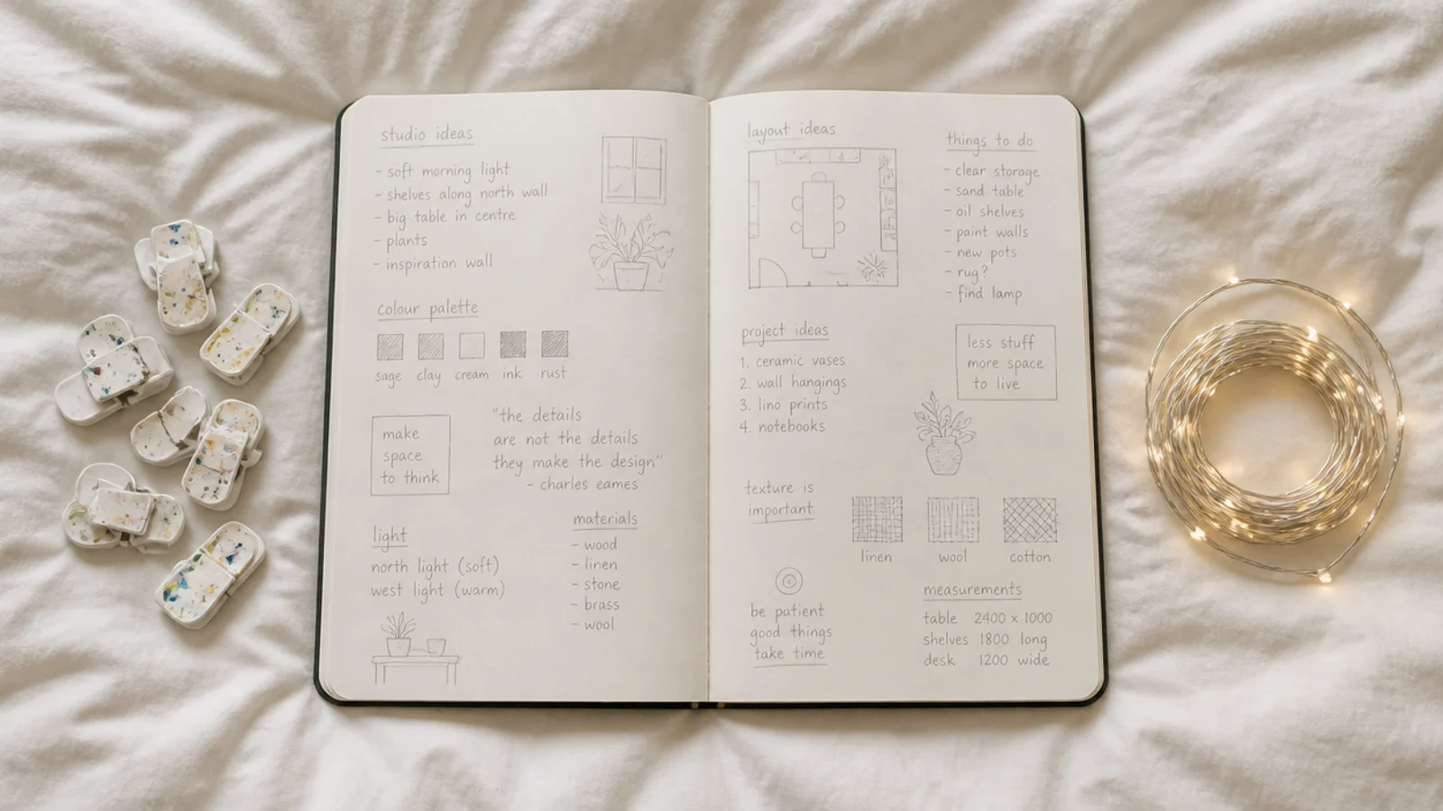 notebook of hanging errors beside failed clips and a strand