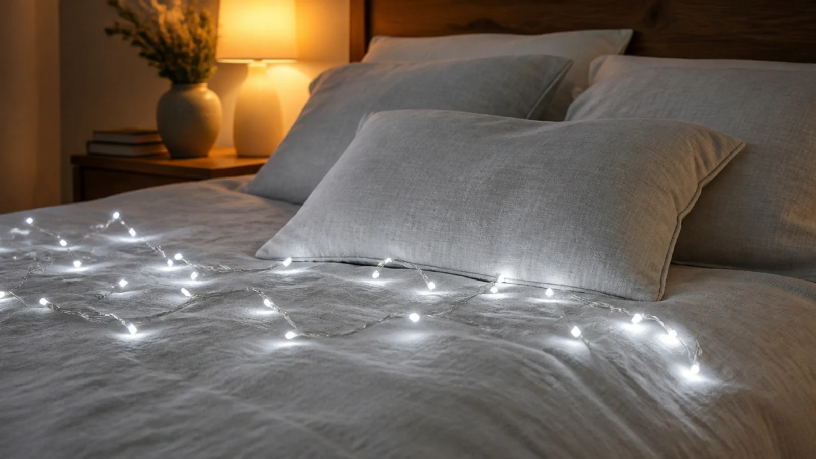 cool white strand lit against warm bedding looking harsh