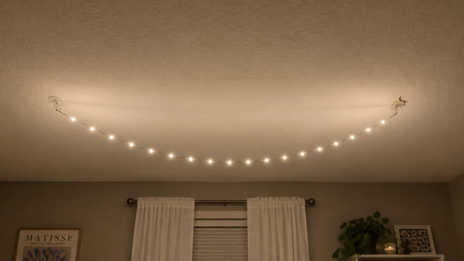 ceiling strand sagging between widely spaced adhesive hooks