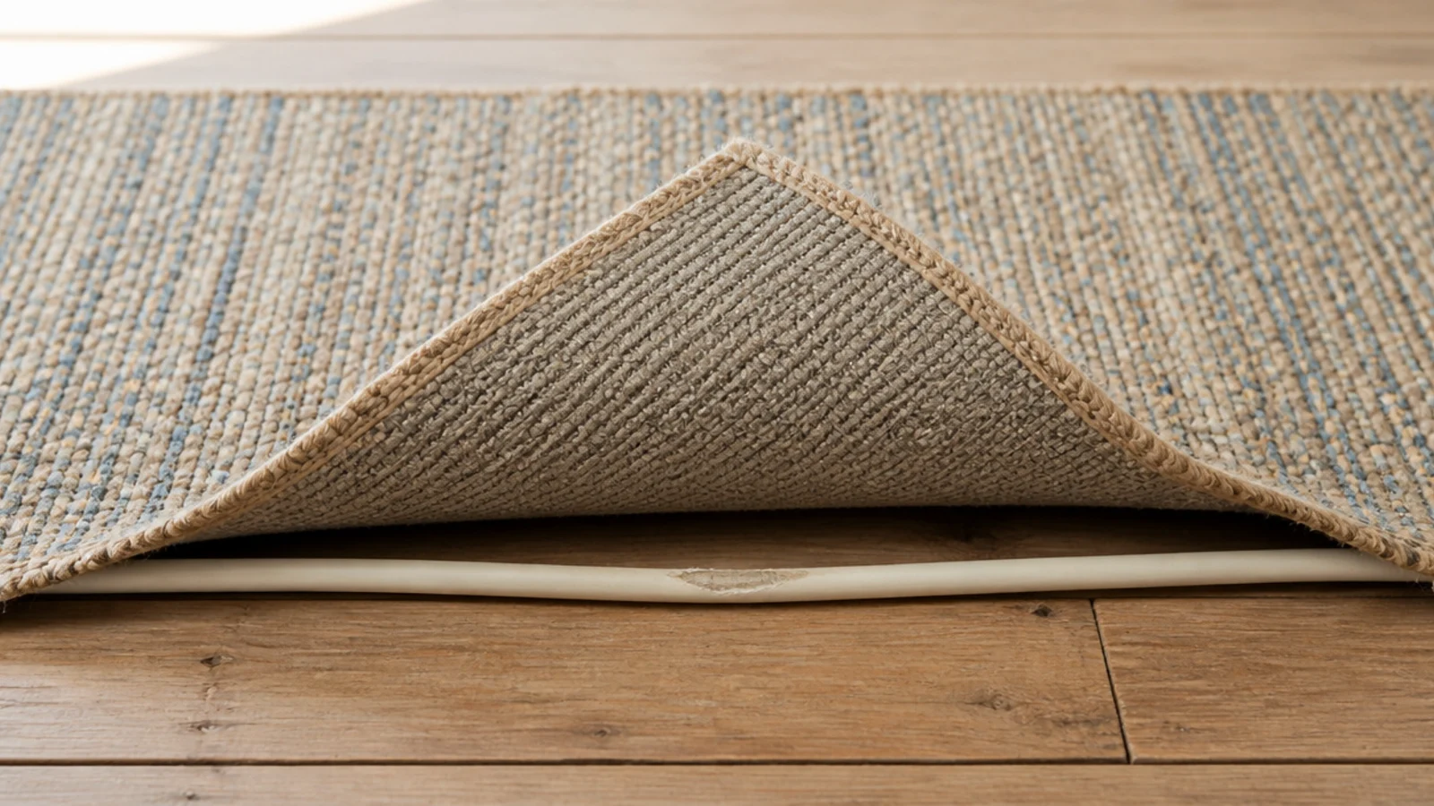 rug corner lifted showing a worn cable running underneath it
