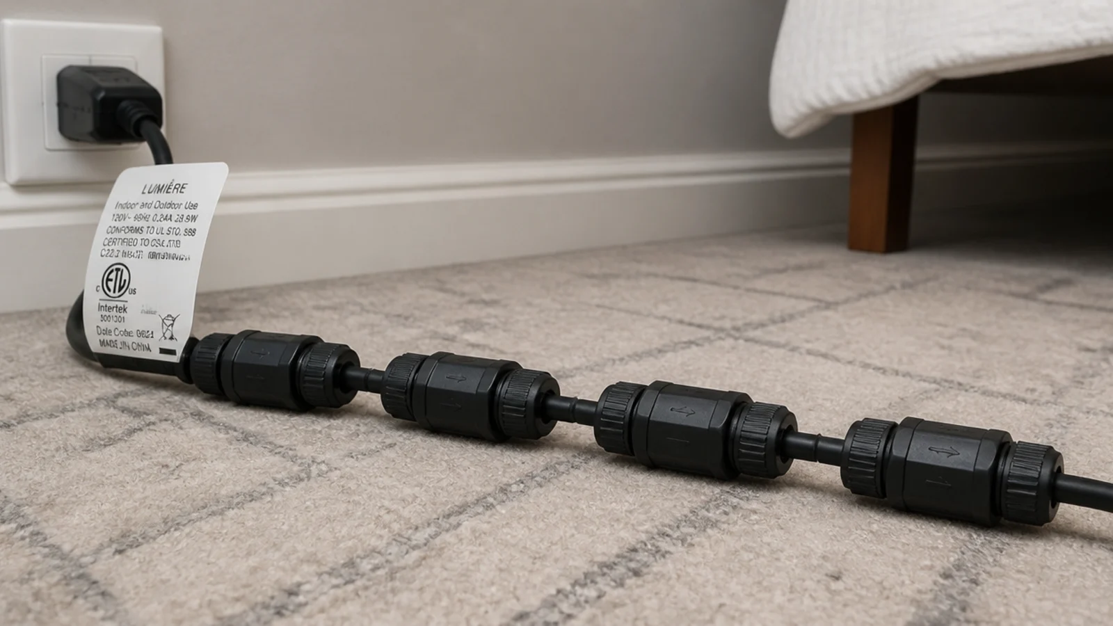 several light strand plugs connected in a long chain