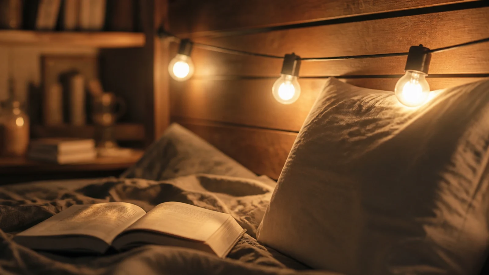 bare bulbs glaring at eye height beside a bed headboard