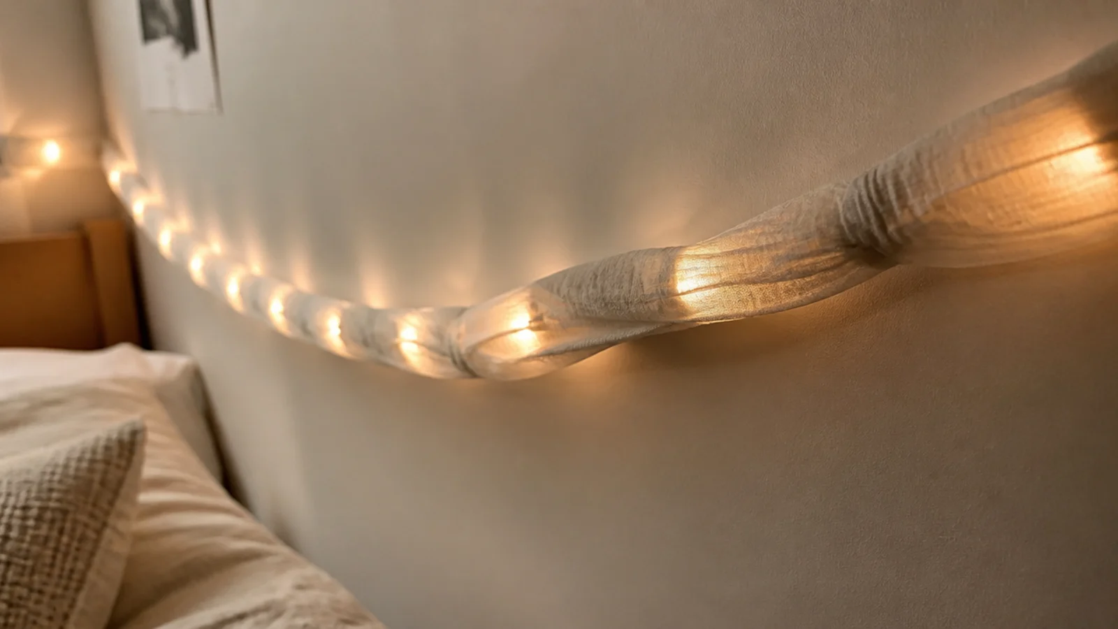 fabric wound tightly around a light strand on a wall