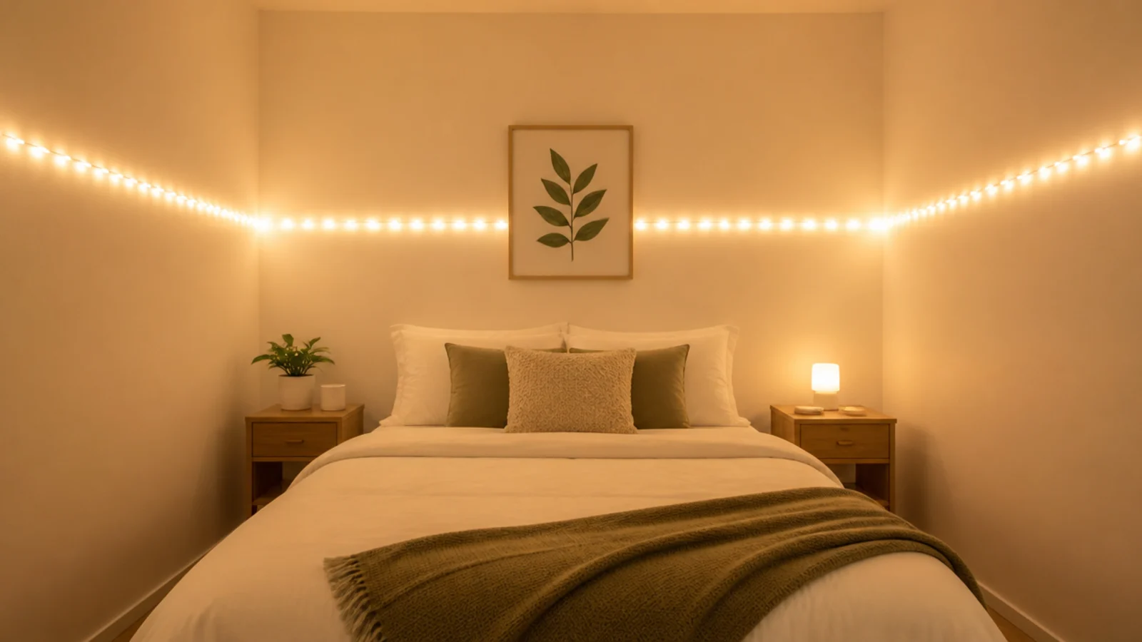 small bedroom with light strands around every wall at once