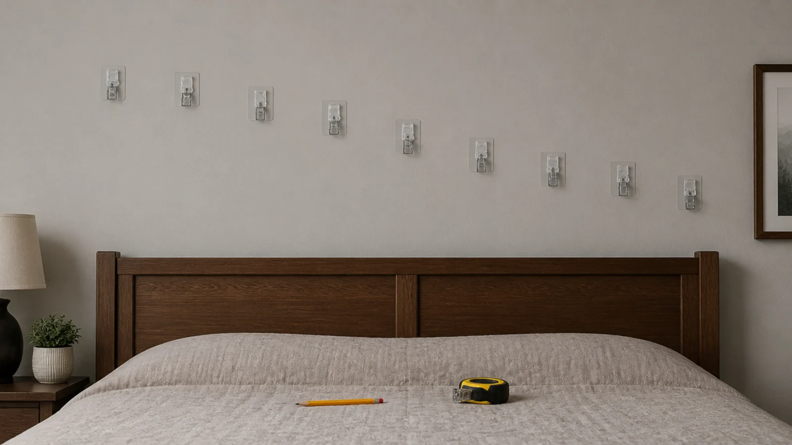 row of uneven clips wandering off a straight line on a wall