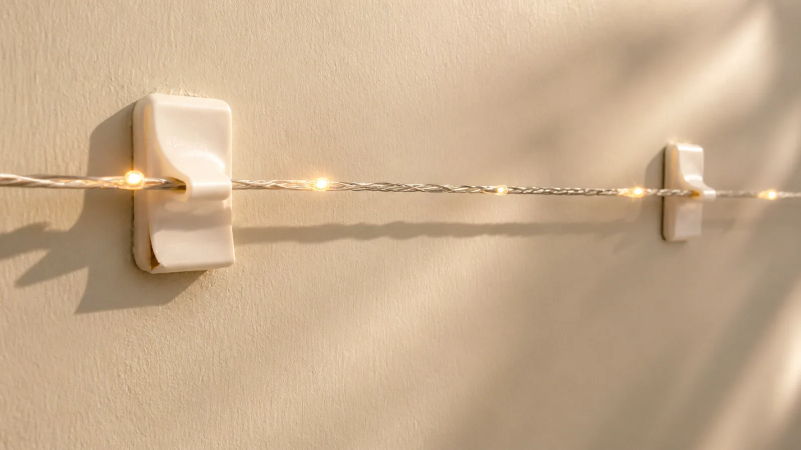 light strand stretched taut between two clips on a wall