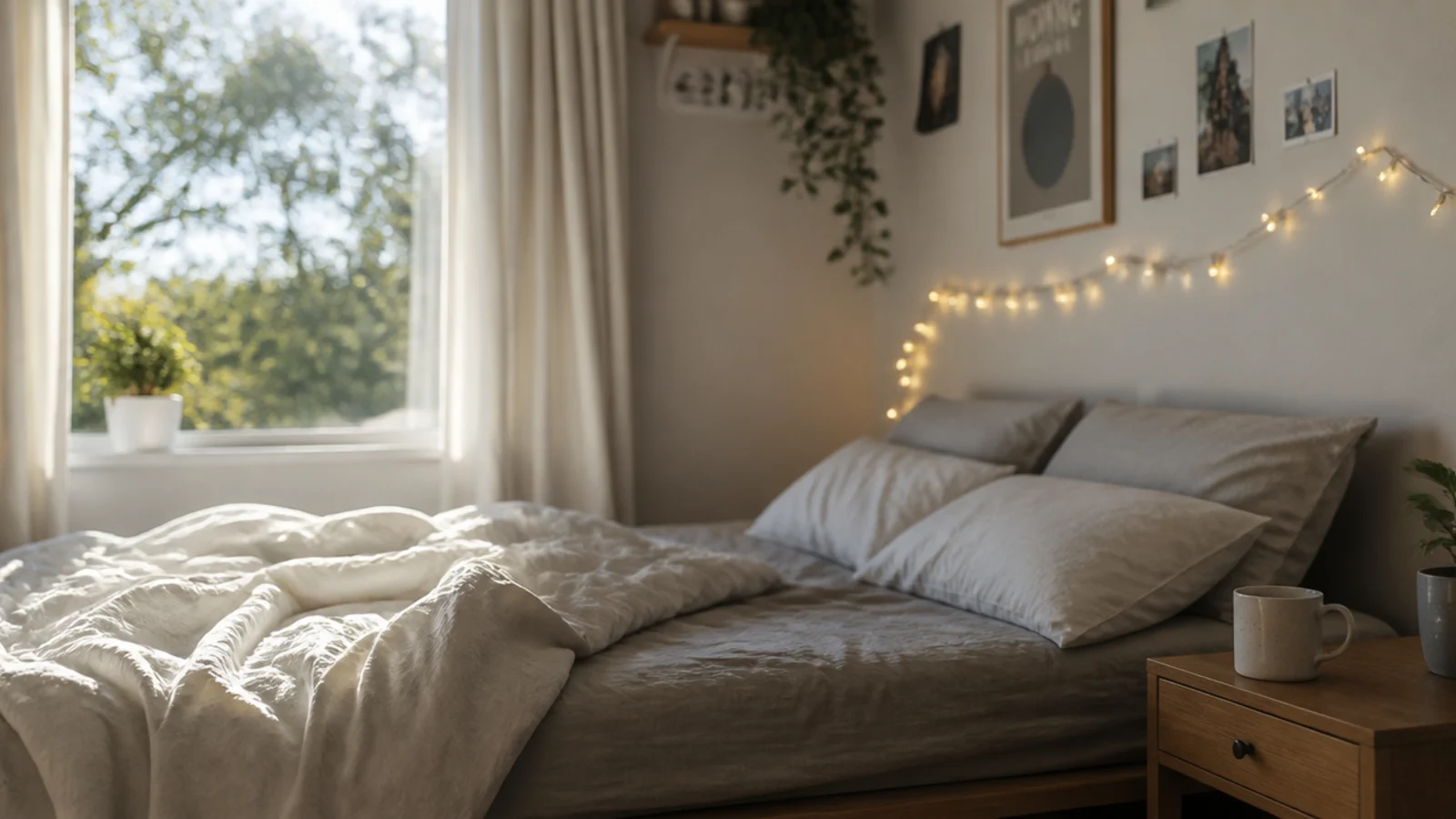 lights still glowing in a bright bedroom in daylight hours