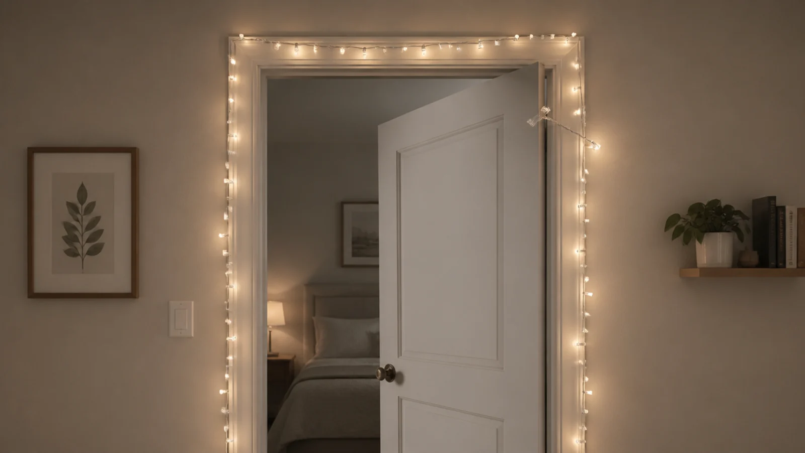 bedroom door catching a hanging light strand as it opens