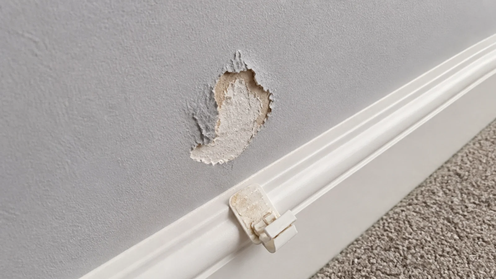 clip torn from a wall leaving a rough patch of missing paint