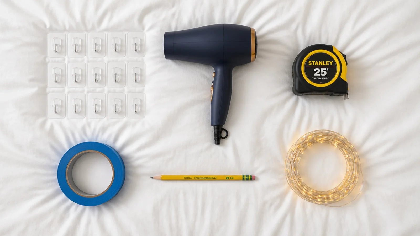 clips hairdryer tape measure and light strand laid on a bed