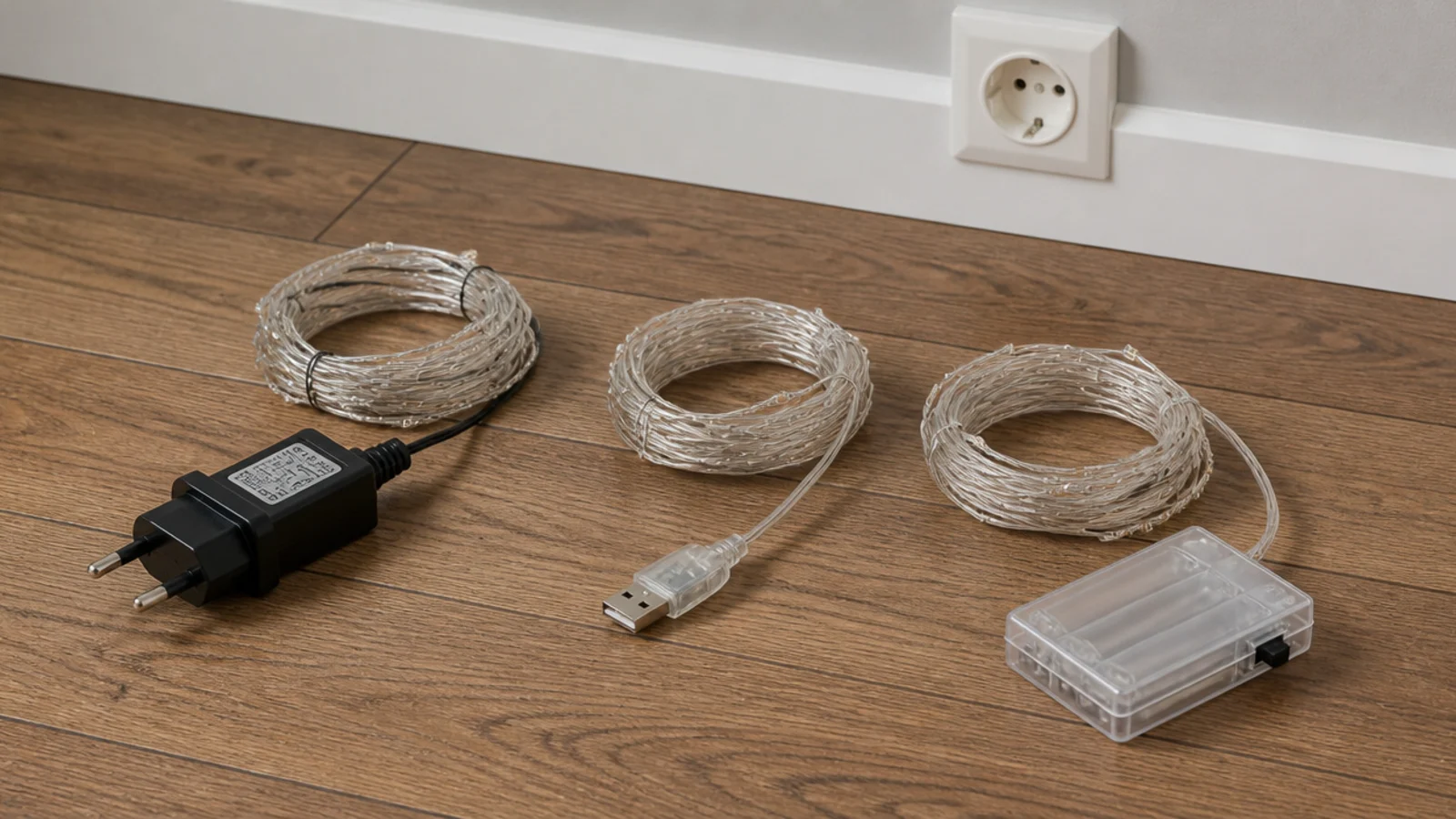 usb battery and plug light sets compared beside a wall socket