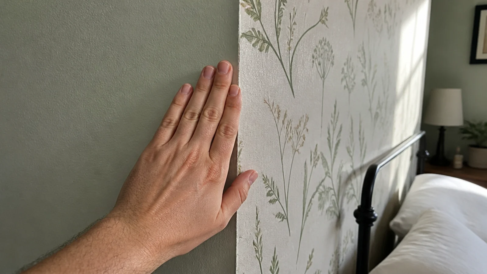 hand testing painted plaster wallpaper and tile surfaces in turn