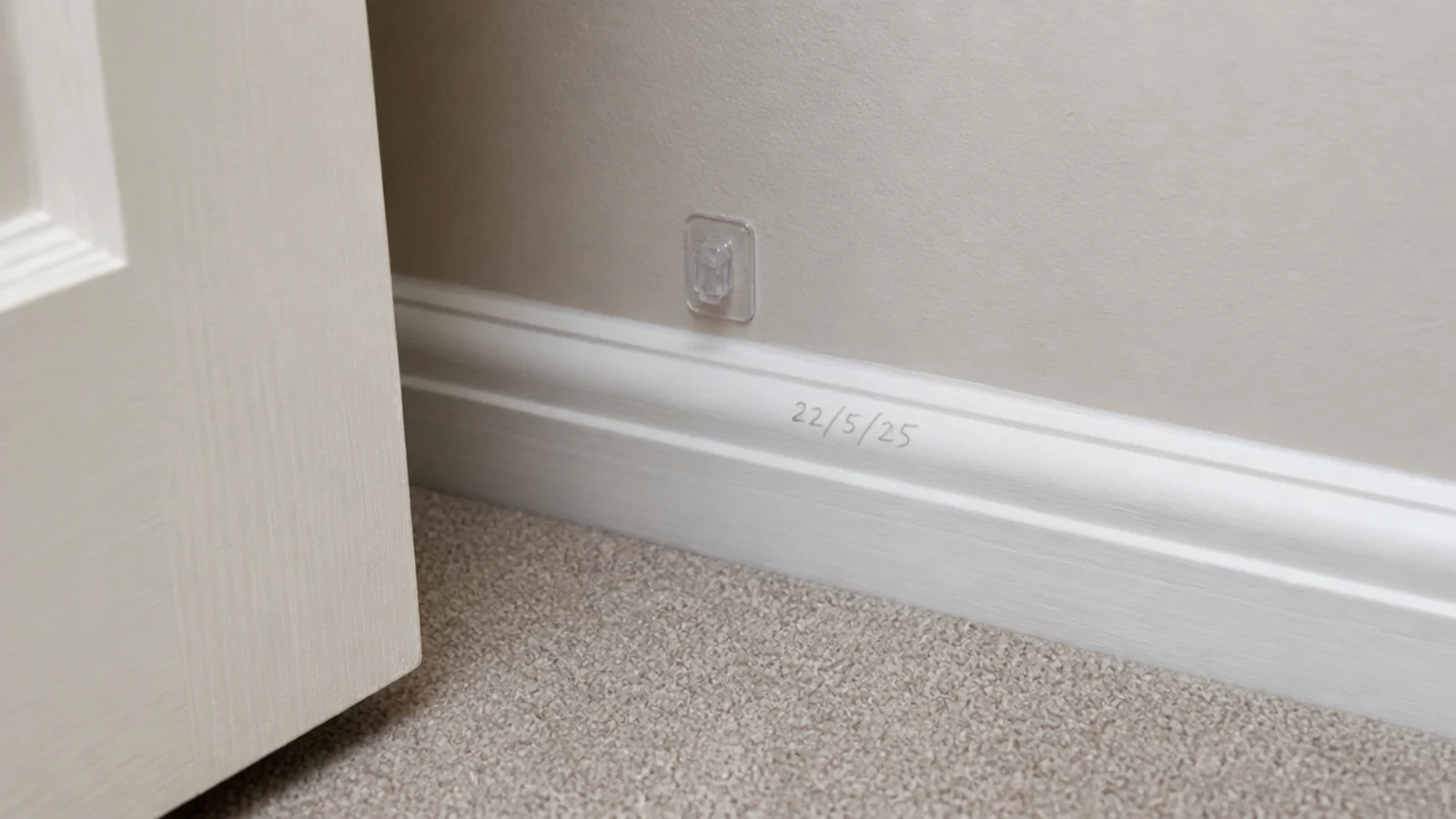 single test clip stuck low behind a bedroom door frame