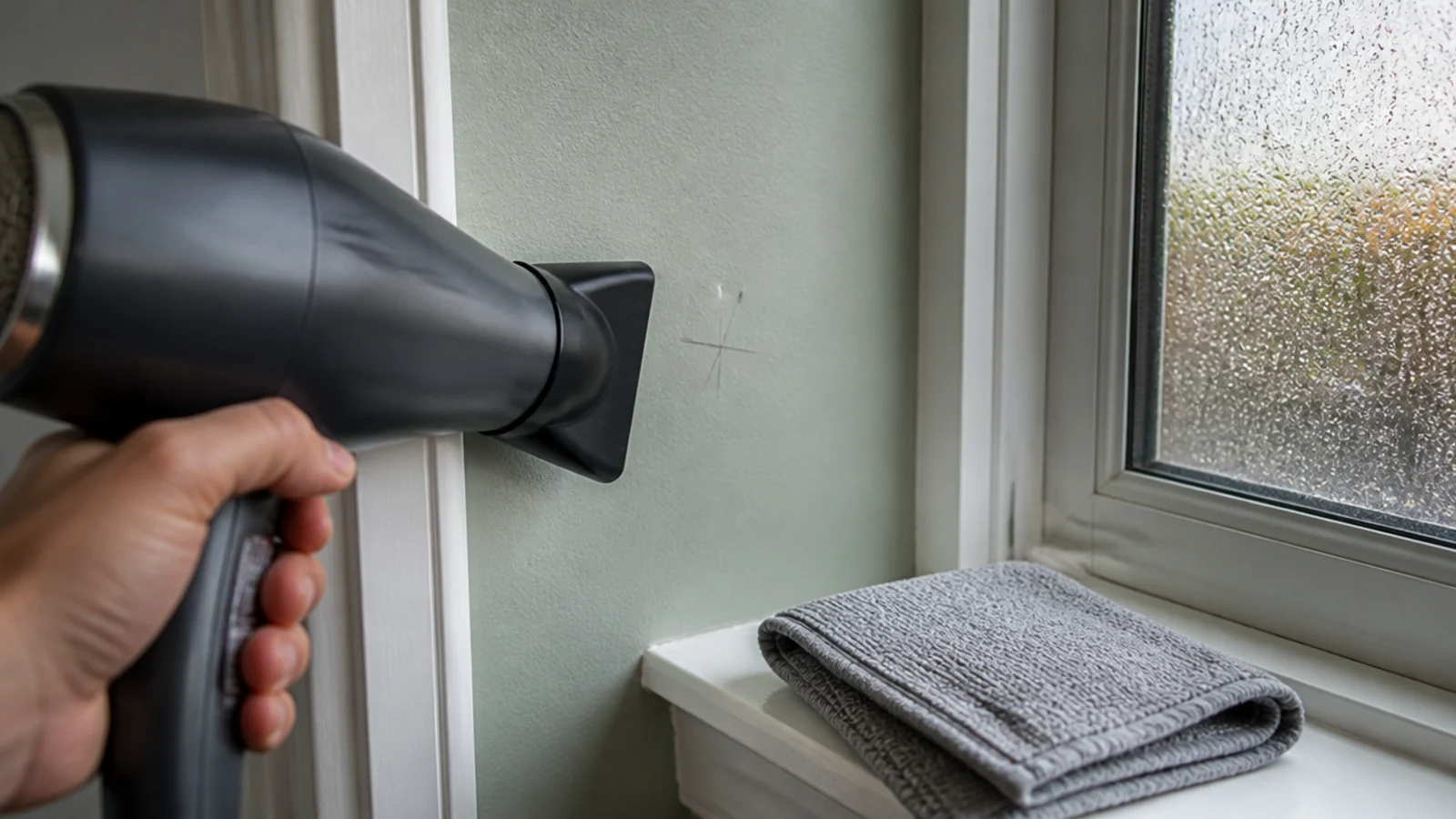 hairdryer warming a marked spot on a cold bedroom wall