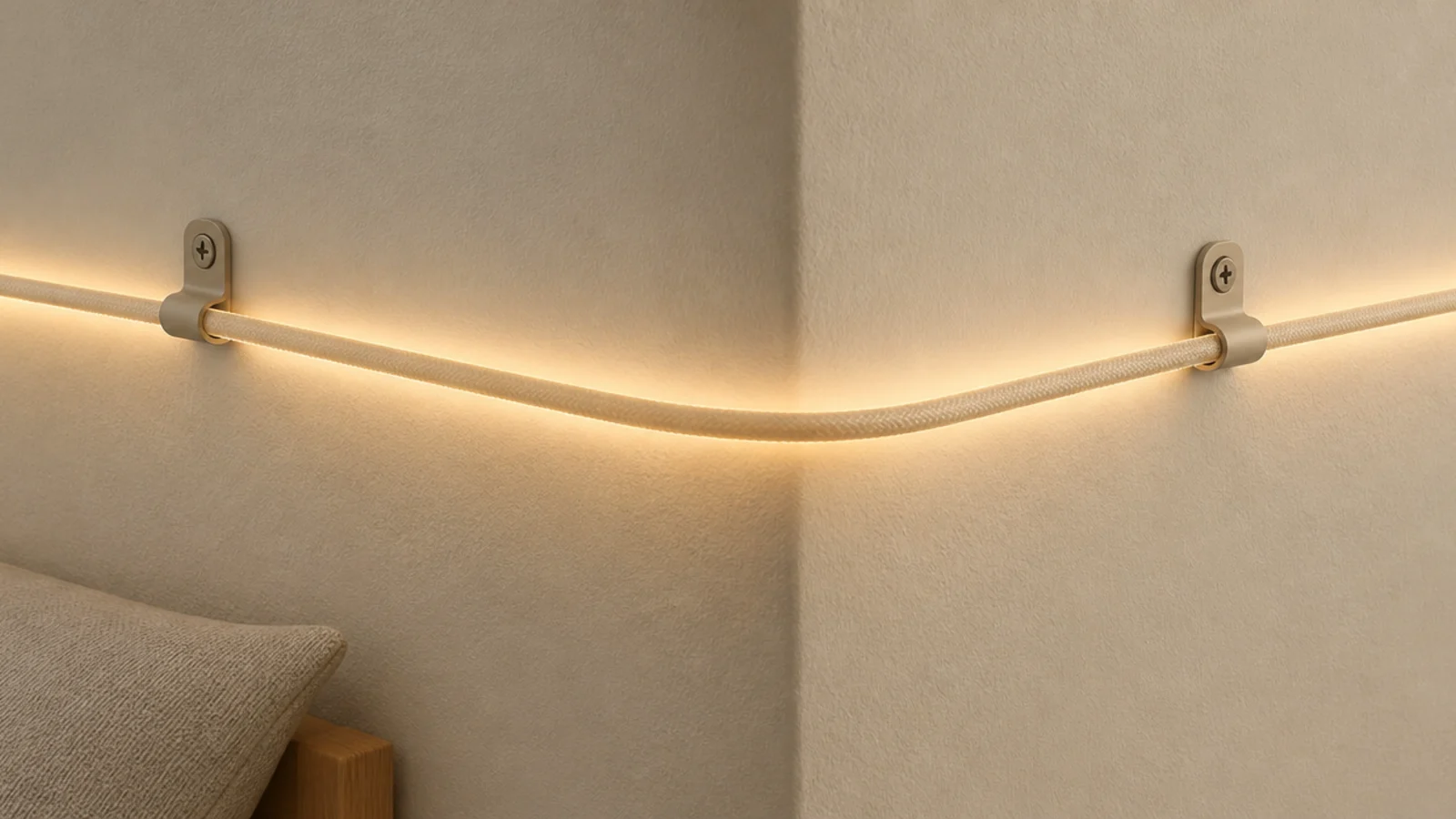 light cable curving gently around an internal bedroom corner