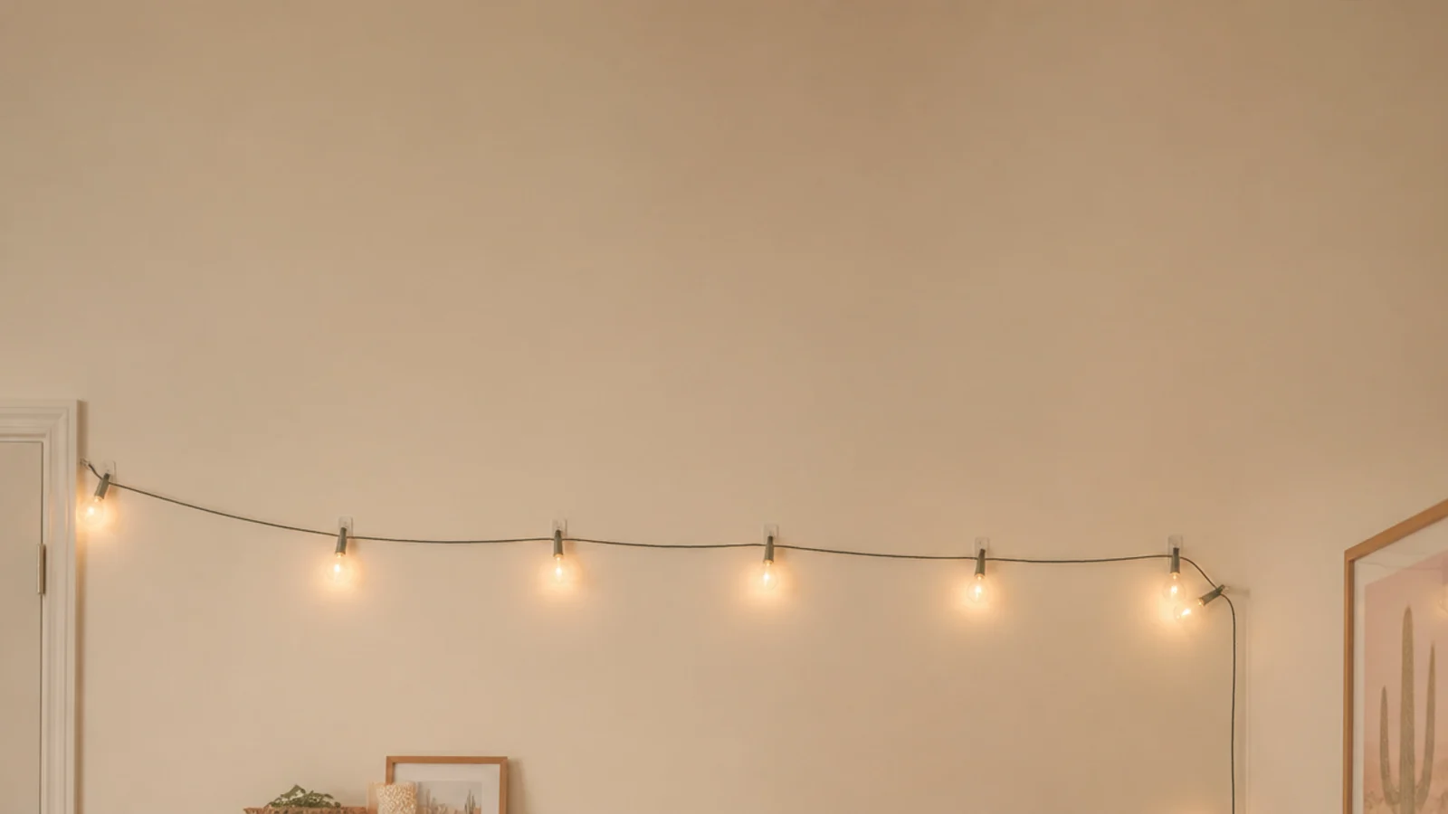 tall view of a bedroom mid installation with lights being hung