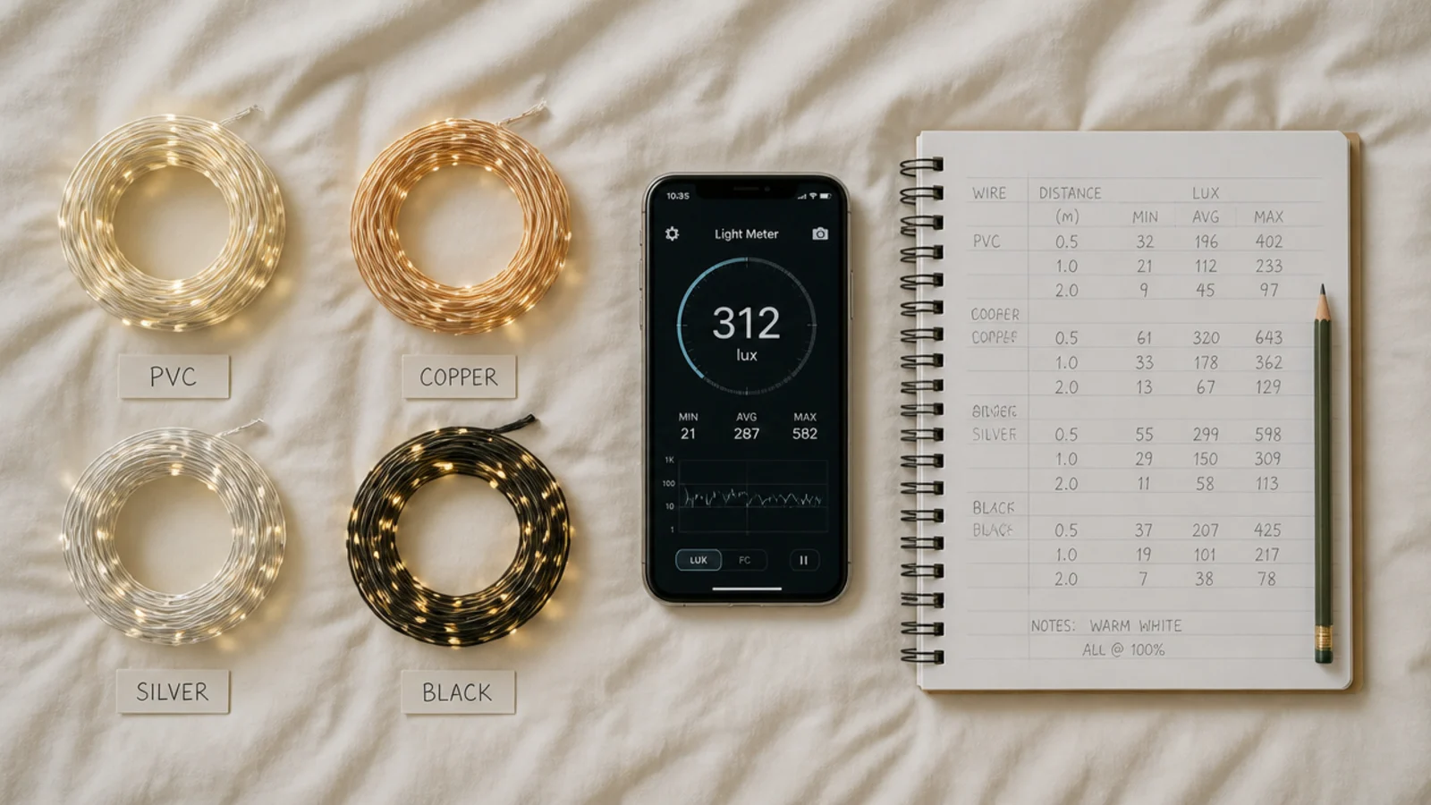 light meter phone and notebook beside several unlit light strands