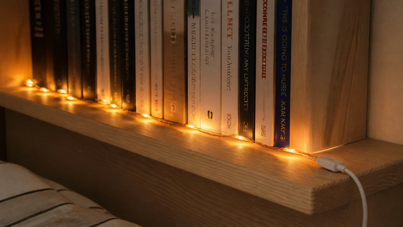hair fine copper wire strand glowing warm along a bedroom shelf