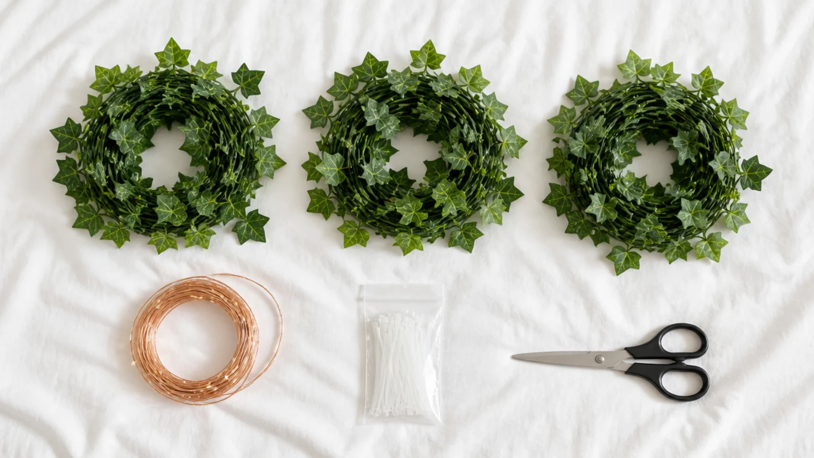garland strands and a coiled light string laid out on a bed