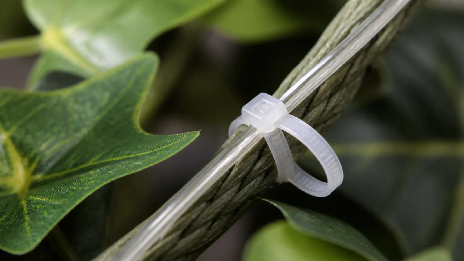 clear zip tie fastening a light cable to a garland stem loosely