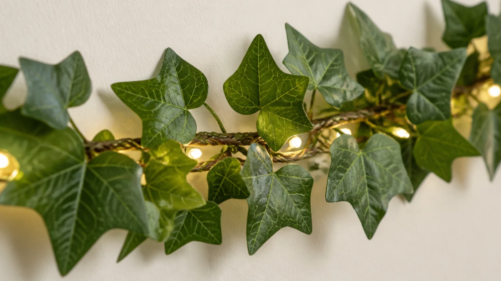 light cable tucked behind a garland stem with leaves covering it