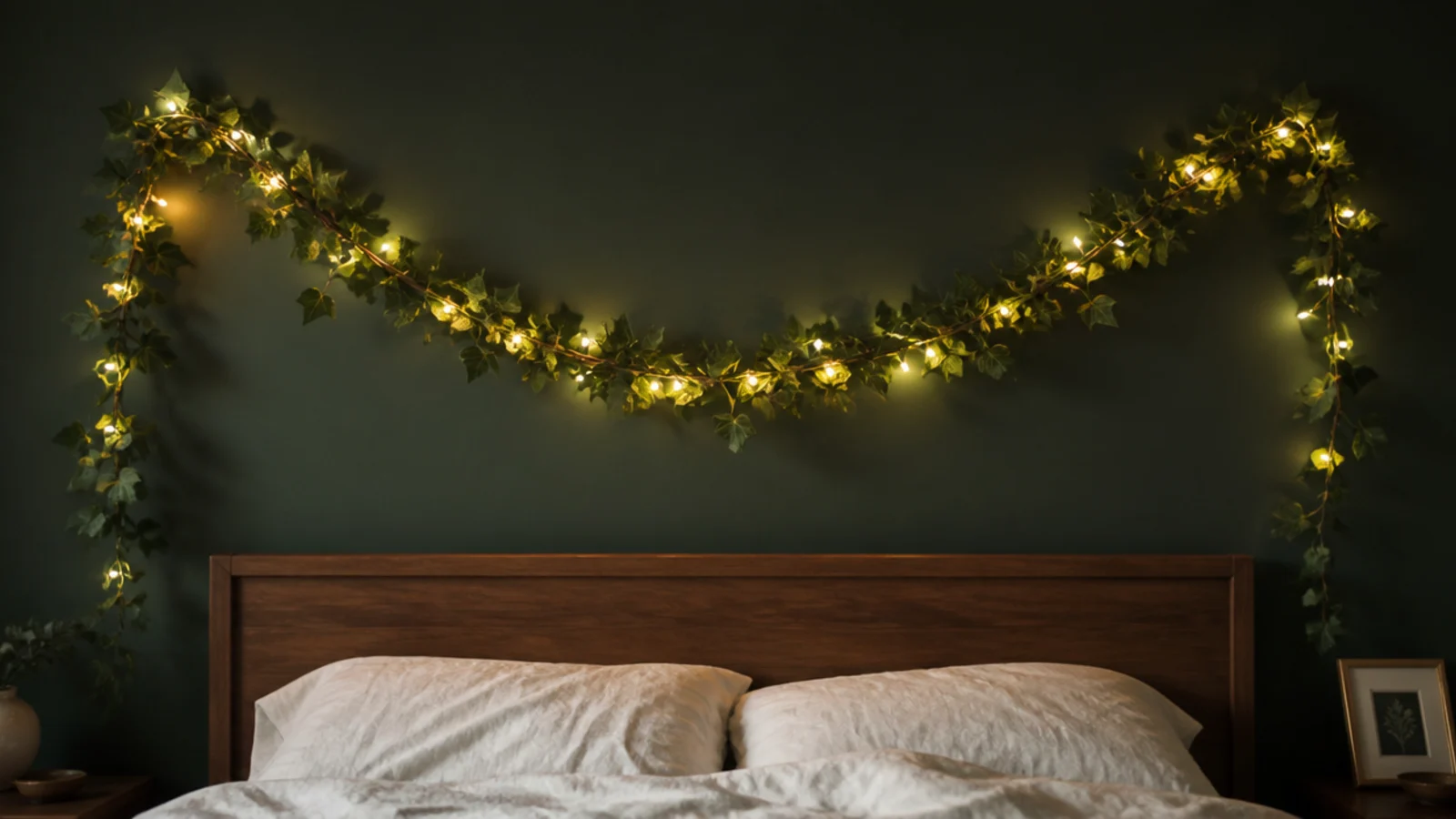 shallow garland swag draped above a bed with warm lights inside