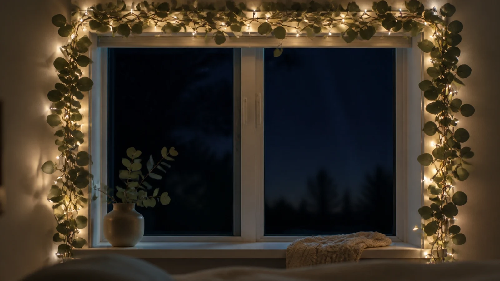 eucalyptus garland and lights following a bedroom window frame