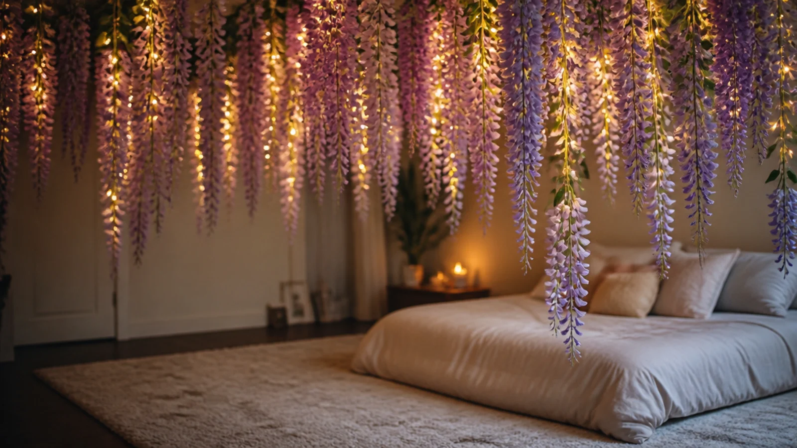 hanging wisteria vines with lights falling from a bedroom ceiling