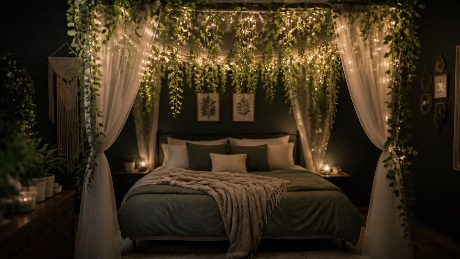 leafy canopy of trailing greenery and warm lights above a double bed